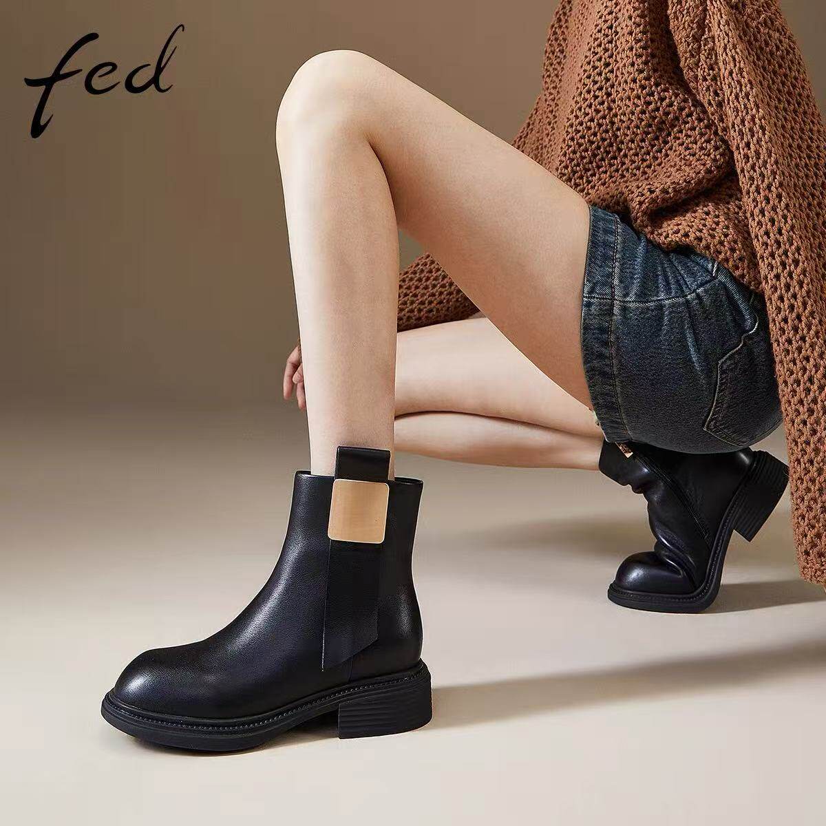 fed头层牛皮秋冬真皮女鞋粗跟靴子女靴高筒西部靴机车靴骑士靴女