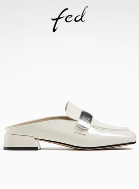 fed低跟后空单鞋春季新款女鞋白色穆勒鞋包头半拖女D0401-ZCA372