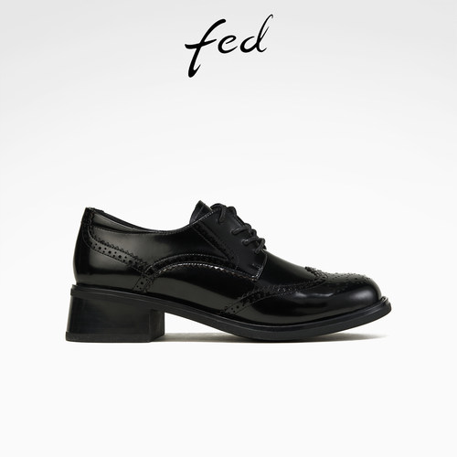 fed黑色小皮鞋春季新款女鞋真皮牛津鞋粗跟布洛克鞋女D1228-ZC788