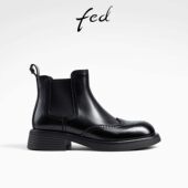 fed头层牛皮秋冬女鞋 粗跟厚底靴子女短靴布洛克时装 靴切尔西靴女