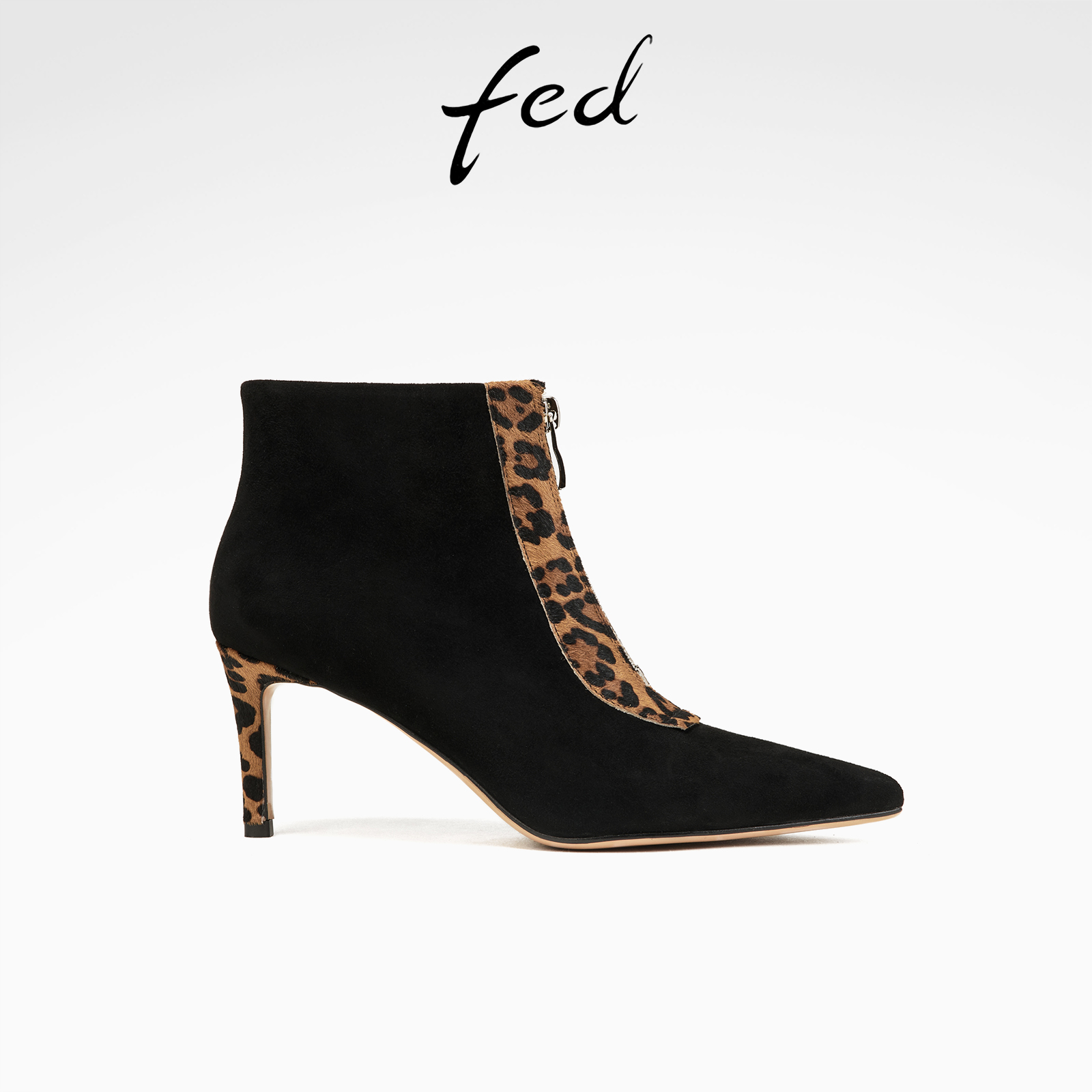 fed高级感绒面羊皮秋冬真皮女鞋尖头细高跟靴子女靴短靴时装鞋女