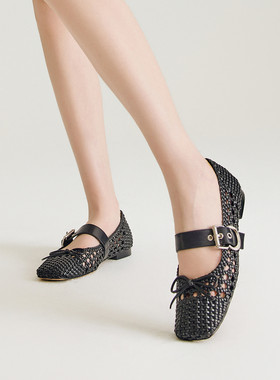 fed编织玛丽珍鞋春季新款女鞋黑色芭蕾鞋平底单鞋女款S0312-YA550