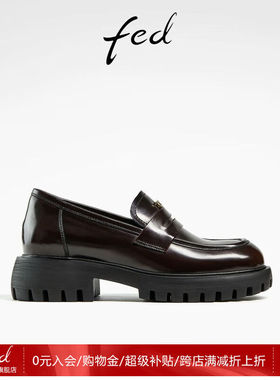 FED粗跟乐福鞋春季新款女鞋酒红色制服鞋真皮单鞋女D0122-ZCA253