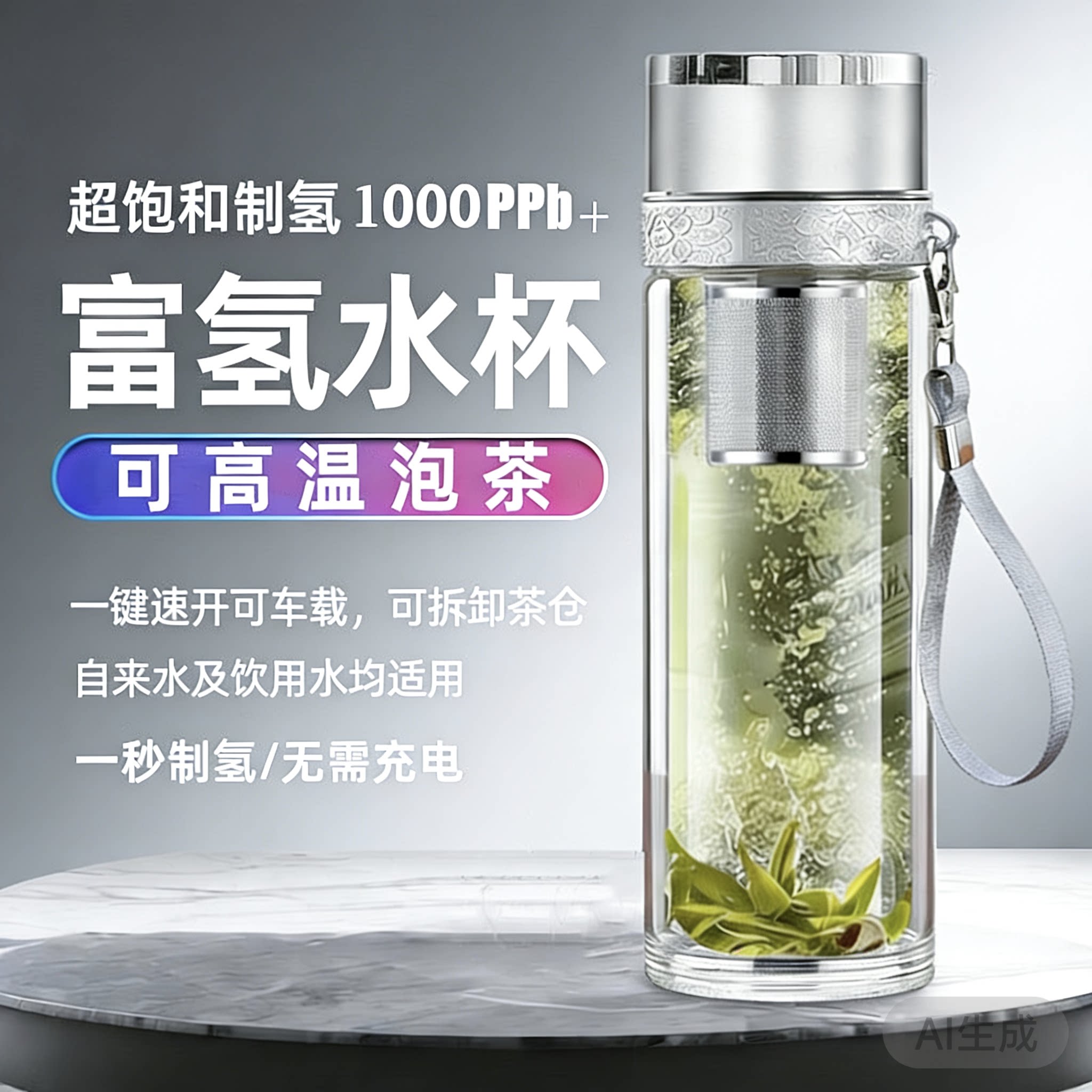 新款矿石制氢弱碱水小分子水素杯茶杯车载全自动开盖双层水杯