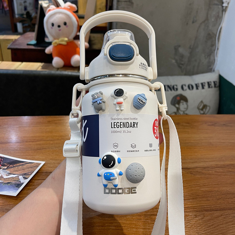 日本无印mu316不锈钢保温杯大容量2000ml双饮带吸管男女士学生便