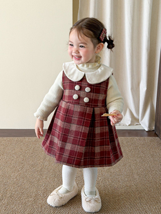 甜甜家 女童韩系娃娃领格子背心裙套装冬装女宝宝公主学院连衣裙