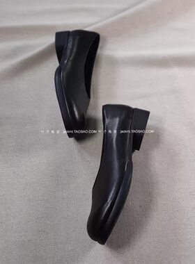 纯原！太舒服~法式干练百搭 里外全牛皮黑色工作鞋粗跟鞋大码女鞋
