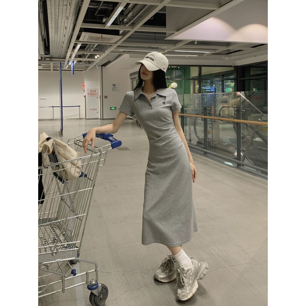 HMPOLO领连衣裙女夏季2025新款韩系收腰显瘦短袖包臀裙