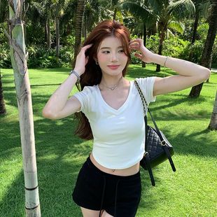 夏季 HM辣妹純欲風V領心機短袖 上衣T恤女短款 緊身正肩修身 少女上衣