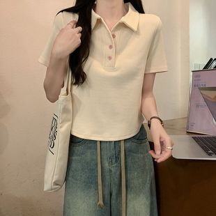 HM正肩polo领短袖 显瘦甜美上衣服 t恤女夏季 韩系高级感洋气修身