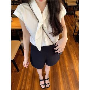 HM法式 别致上衣 POLO领飘带感白色衬衫 女夏衬衣显瘦短袖