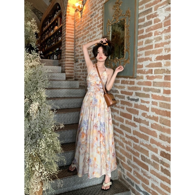 HM法式复古油画碎花挂脖吊带连衣裙女夏季度假风露背收腰长裙子