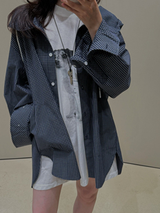 VERMO同款 男女同款 经典格纹 中长款连帽 抽绳广袖宽松衬衫