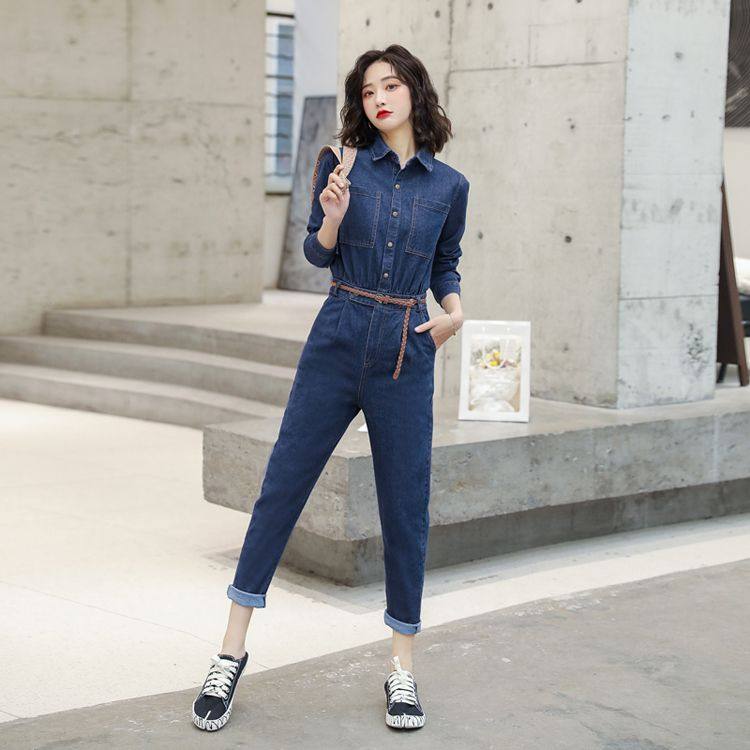 长袖牛仔连体裤女春夏新款韩版显瘦九分裤套装系带腰工装连衣裤
