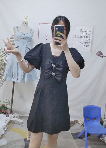 映氏ins女装专柜国内代购2022夏422260281淑女蝴蝶结短袖连衣裙