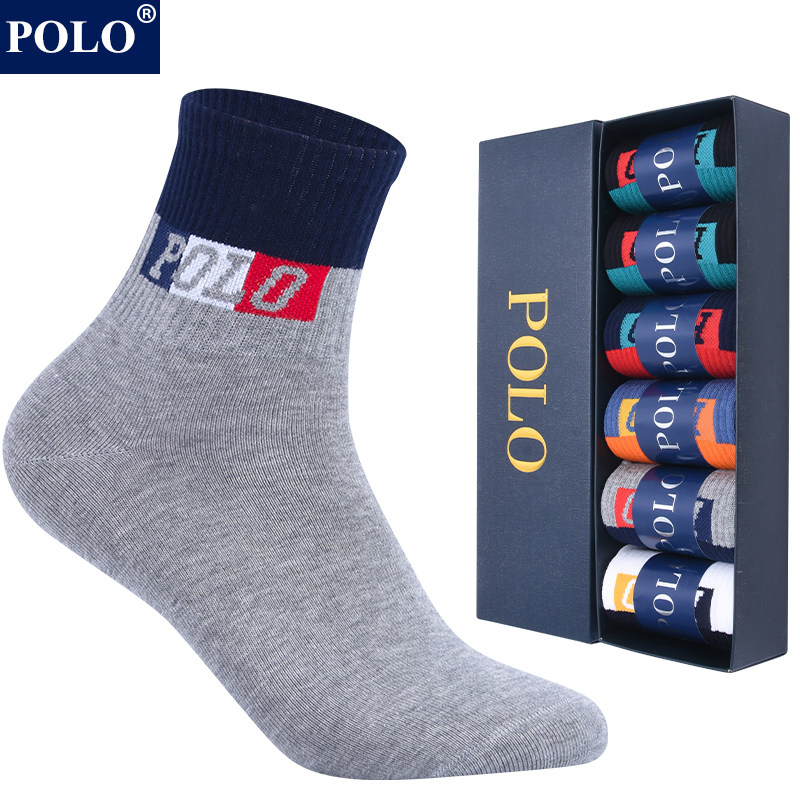 POLO男士中筒袜夏季薄款无骨防臭吸汗高端纯棉字母运动袜礼盒装