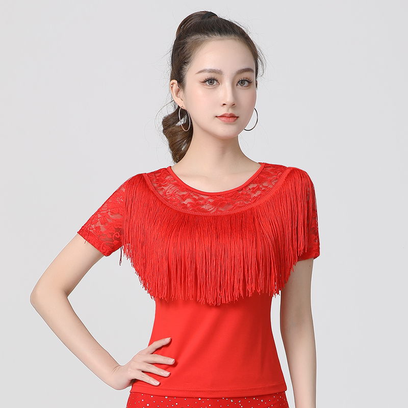 广场舞上衣新款短袖拉丁舞流苏演出服摩登舞交谊舞蹈衣女夏季练功