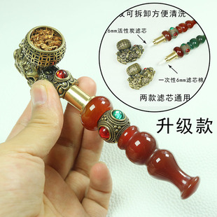 玉石玛瑙烟嘴手工烟杆黄铜貔貅烟锅老式烟斗旱烟嘴烟袋锅送牛皮袋