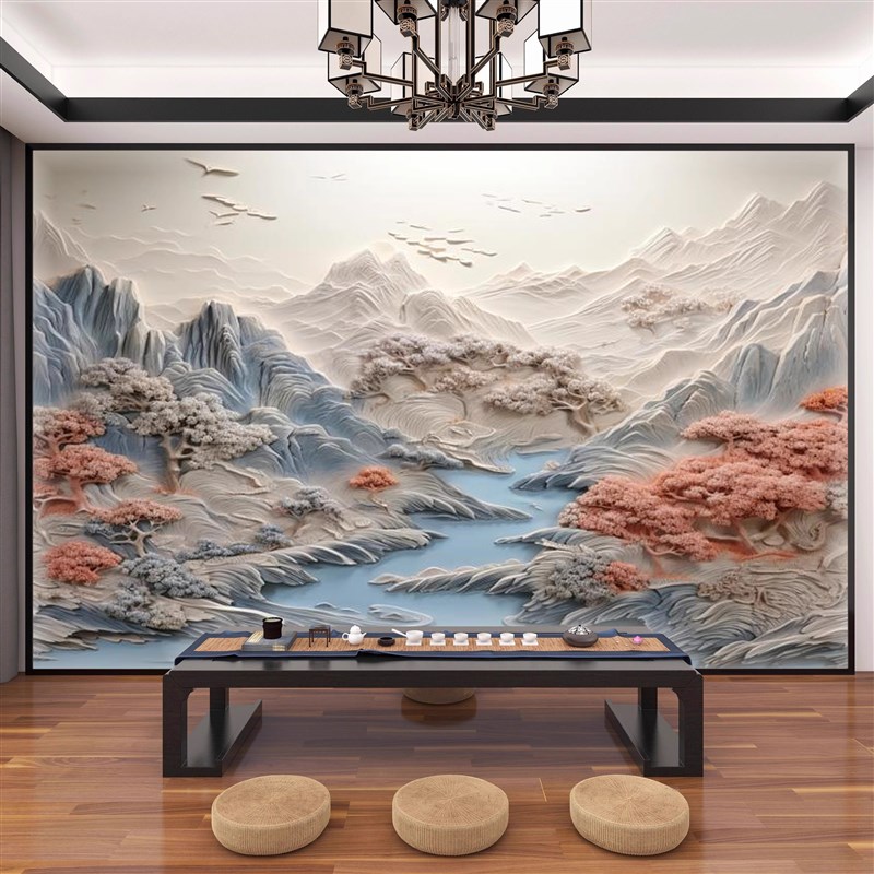 热销墙纸定制3D立体新中式电视背景墙壁纸客厅壁布装饰墙布浮雕壁