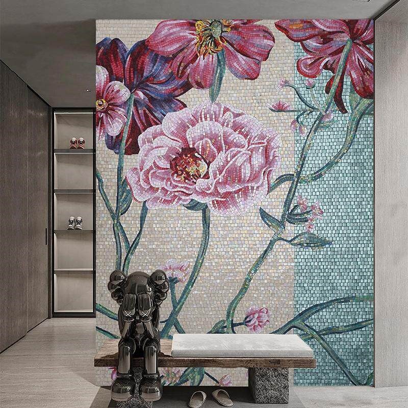 热销现代简约手工玻璃马赛克客厅餐厅背景墙花卉墙贴艺术玄关壁画