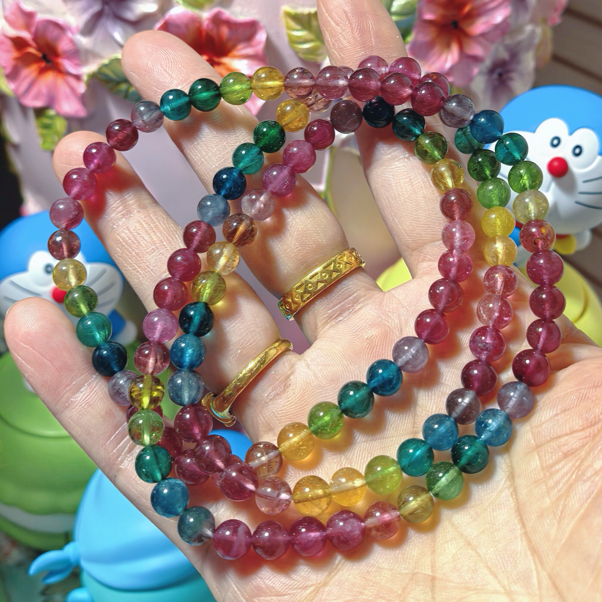 传家宝纯天然玻璃体通透巴西老坑料彩虹碧玺项链三圈四圈手链6mm