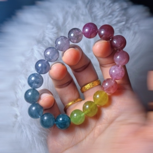 梦幻纯天然阿富汗渐变彩虹碧玺手链11mm金丝雀超多颗蓝碧玺紫碧玺