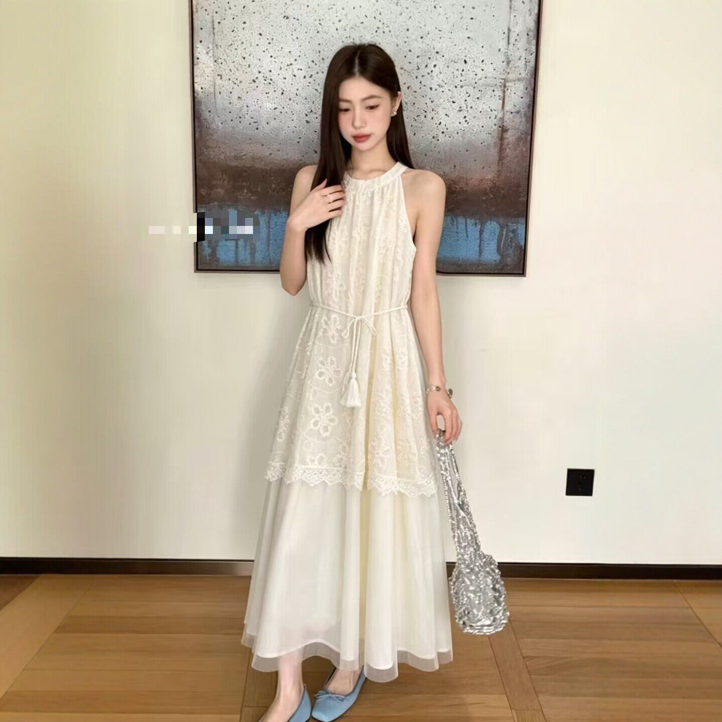 法式温柔风蕾丝A型连衣裙女2026年夏无袖超仙度假风中长裙蛋糕裙