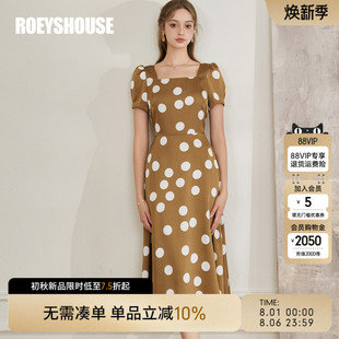 罗衣法式 复古方领大摆中长裙10885 波点缎面连衣裙女2025夏季 新款
