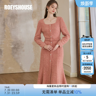毛呢中长裙11489 罗衣高级方领鱼尾摆连衣裙2024冬季 新款 法式 修身
