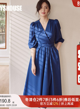 罗衣气质深蓝色连衣裙2025秋季新款系带灯笼袖七分袖大摆裙06139