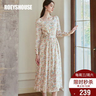 羅衣法式 氣質(zhì)肌理感大擺中長(zhǎng)裙10139 新款 方領(lǐng)印花連衣裙2025春裝