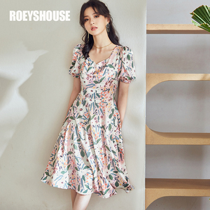 罗衣复古方领缎面印花A型连衣裙女夏气质桃心领短袖大摆裙04501