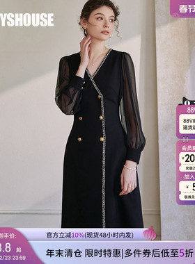 罗衣优雅V领拼接雪纺连衣裙女春季气质网纱泡泡袖收腰裙子07948