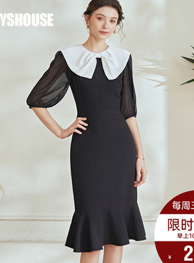 罗衣黑色鱼尾摆连衣裙女2025夏装新款七分袖拼接修身中长裙08306