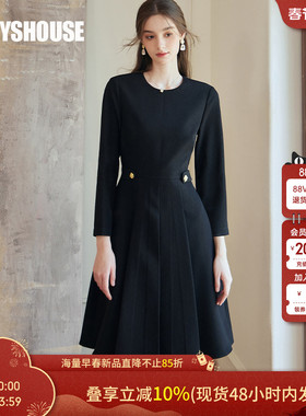 罗衣重要场合圆领收腰连衣裙女春高级通勤黑色大摆中长裙子09502