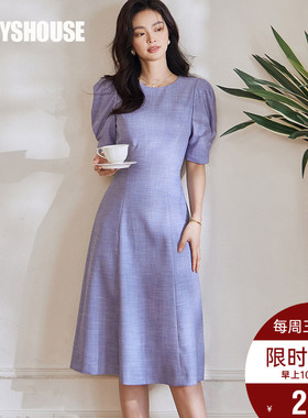 罗衣时尚通勤泡泡袖连衣裙女2025夏季新款气质收腰大摆裙子08261