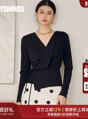 罗衣御姐弹力针织T恤女冬V领系带修身内搭职场黑色长袖上衣12716