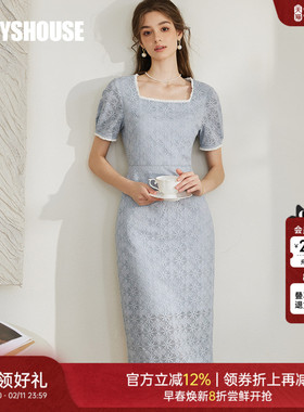 罗衣优雅淑女蕾丝连衣裙2025初夏新款法式方领显瘦黑色裙子10285