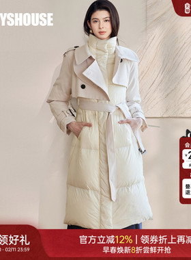 罗衣通勤90%鹅绒高领保暖羽绒服女冬季时髦拼接毛呢中长外套09048