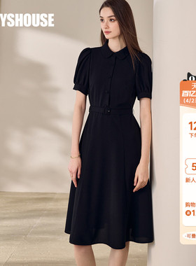 罗衣减龄娃娃领系带大摆连衣裙女夏气质泡泡袖纯色收腰裙子11830