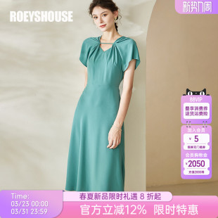 罗衣气质绿色高级感连衣裙女夏设计感褶皱连袖 大摆中长裙子08728