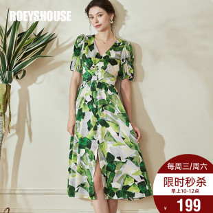 罗衣气质度假风花色缎面连衣裙女2025夏装 收腰大摆裙子08522 新款