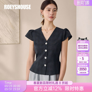 泡泡袖 气质通勤衬衣法式 上衣12117 女夏季 罗衣知性V领收腰格子衬衫