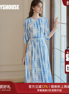 罗衣优雅大摆系带连衣裙女2025秋季新款时尚格子肌理感裙子11613