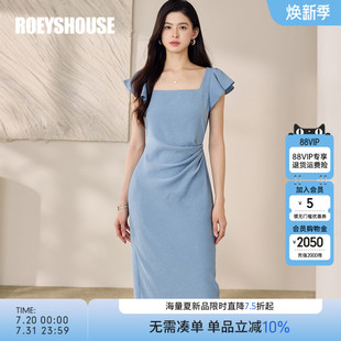 中长裙12371 罗衣气质方领蓝色连衣裙女2025夏季 新款 法式 优雅修身