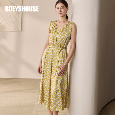 罗衣气质花色系带收腰连衣裙