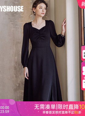 罗衣优雅大摆缎面连衣裙女2025秋季新款气质褶皱黑色中长裙08081
