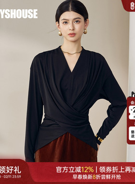 罗衣知性V领褶皱针织衫女2025秋季时尚设计感黑色收腰上衣12728