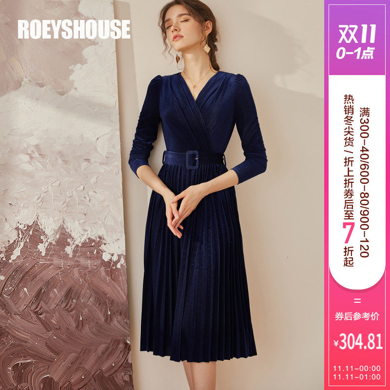 罗衣气质天鹅绒连衣裙2020秋冬装新款优雅大摆丝绒百褶裙01094