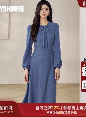 罗衣灯笼袖收腰圆领针织连衣裙秋冬纯色褶皱亮丝装饰中长裙13027